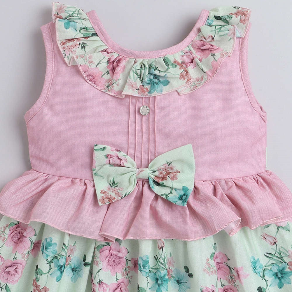 Sleeveless Floral Printed Ruffle On Neck With Bow Dress For Girls-Pink
