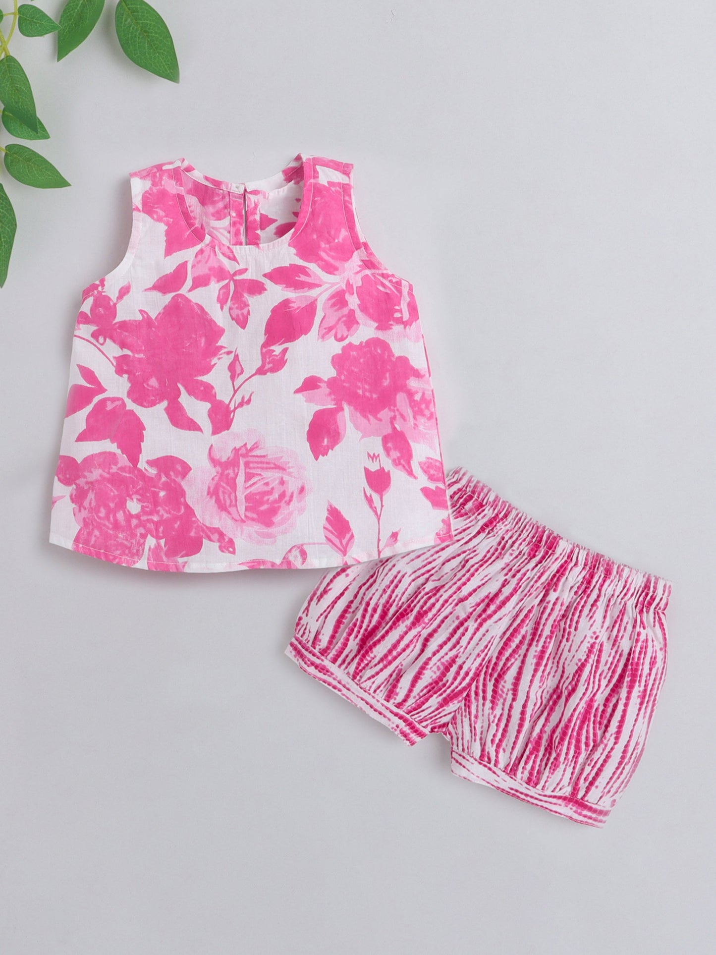 The Magic Wand Hand Block Printed Sleeveless Top and Shorts Night Wear Lounge Wear Set For Girls Pink