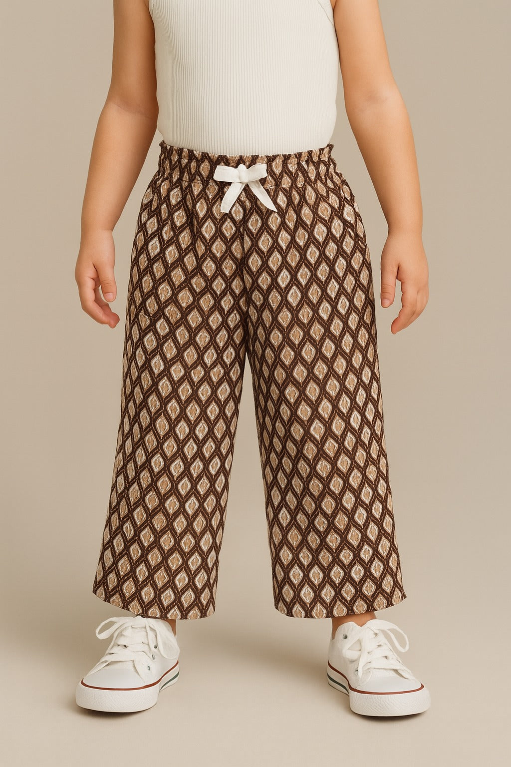The Magic Wand Rayon Ikat Printed Full Length Palazzo With Lace Bow Brown
