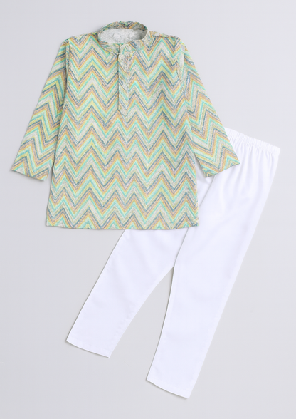 Full Sleeves Sequined Embroidered Kurta Pyjama Set For Boys-Green