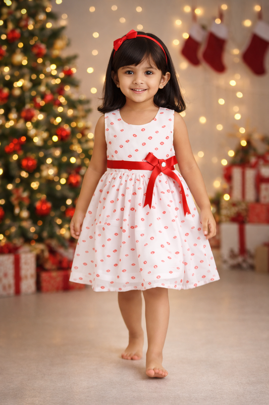 Xmas Square Dots Printed Sleeveless Dress With Bow For Girls-White,Red