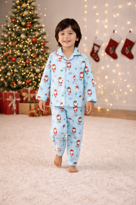 Xmas Santas Printed Full Sleeves Lounge Wear Night Suit Set For Kids Blue