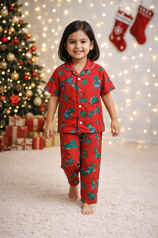 Cotton Half Sleeves Xmas Print Night Suit Sets-Red