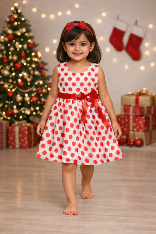 Xmas Big Polka Dots Printed Sleeveless Dress With Bow For Girls-White,Red
