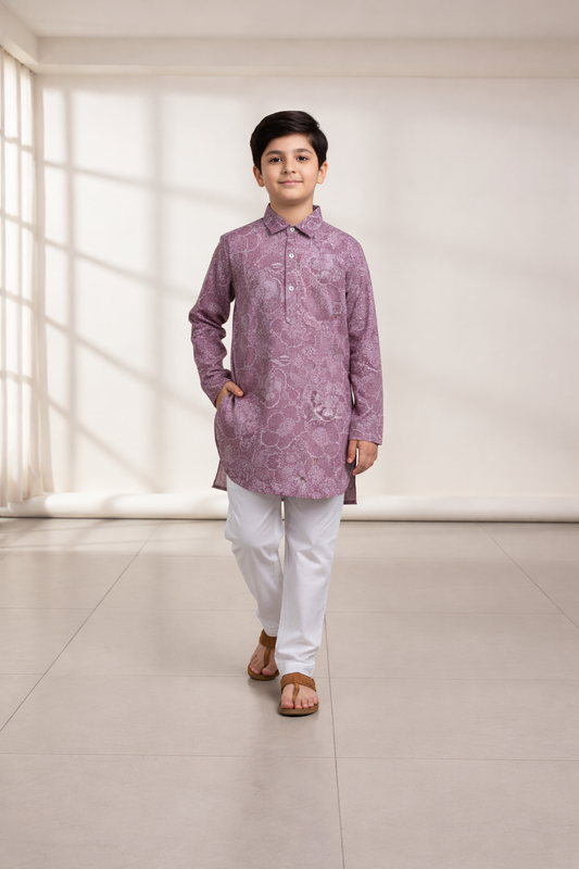 Cotton Woven Full Sleeves Floral Prinetd Kurta with Pyjama Set- Pink