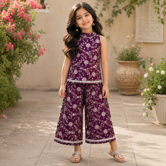 Jacquard Woven Floral Printed & Gota Lace Embellished Incut Kurta and Palazzo Set-Wine