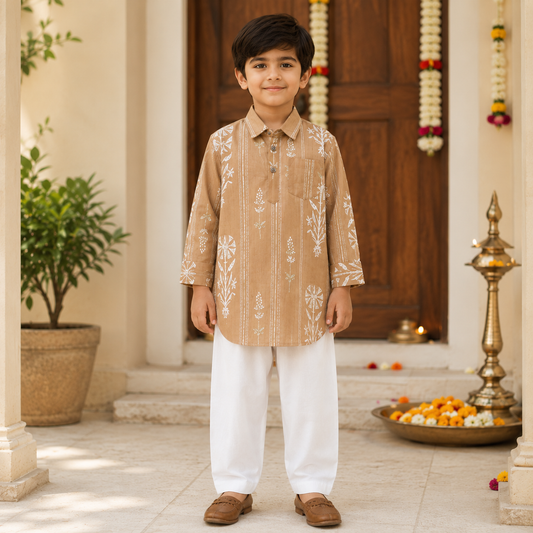 Cotton Woven Full Sleeves Foil Printed Kurta and Pyjama Set- Mustard