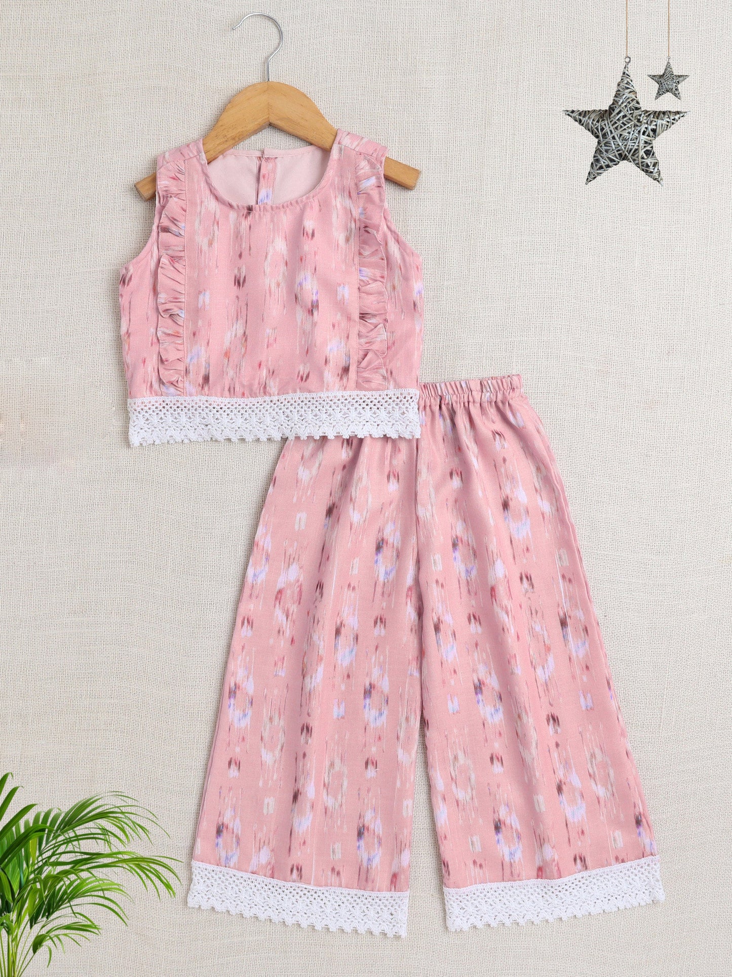 The Magic Wand Sleeveless Stripe Print With Lace Coordinating Top and Pant Set-Pink