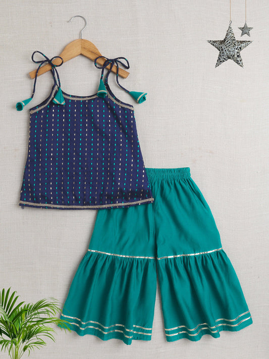 Sleeveless Abstract Foil Printed & Lace Embellished Kurta Sharara Set - Navy Blue