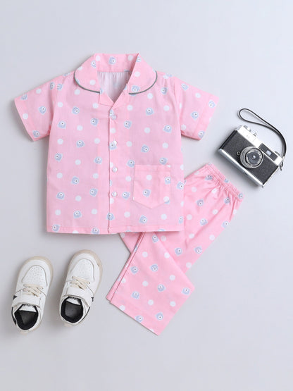 Cotton Woven Half Sleeves Bear & Polka Dots Printed Coordinating Night Suit Set - Pink