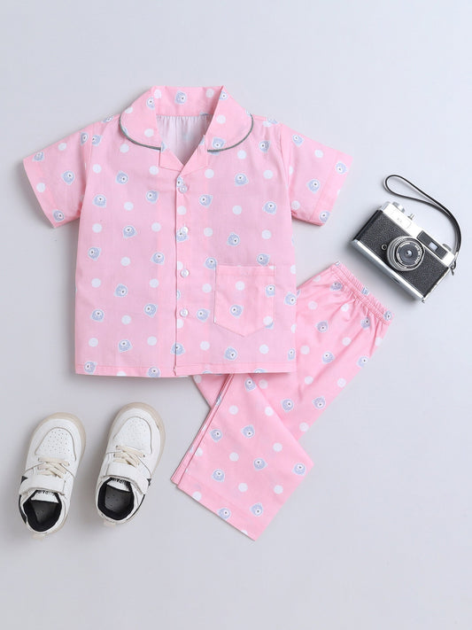Cotton Woven Half Sleeves Bear & Polka Dots Printed Coordinating Night Suit Set - Pink