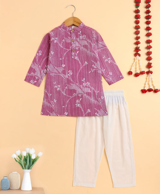 Cambric Cotton Full Sleeves Printed Kurta Pyjama Set - Pink