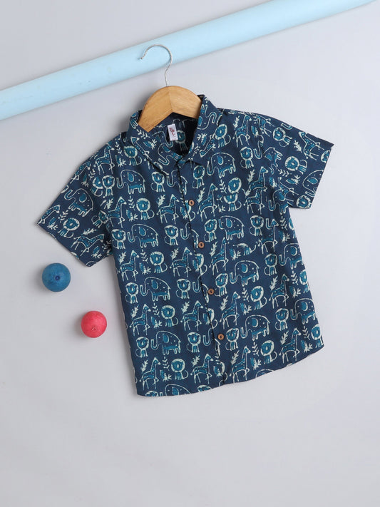 Half Sleeves Animal Printed Shirt - Indigo Blue