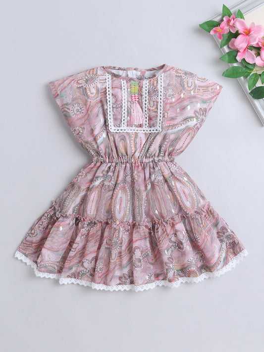 Sleeveless Abstract Printed & Beads Embellished Dress - Peach