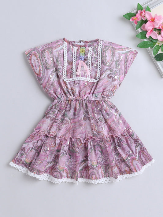 Sleeveless Floral Printed Lace Embellished Dress - Pink