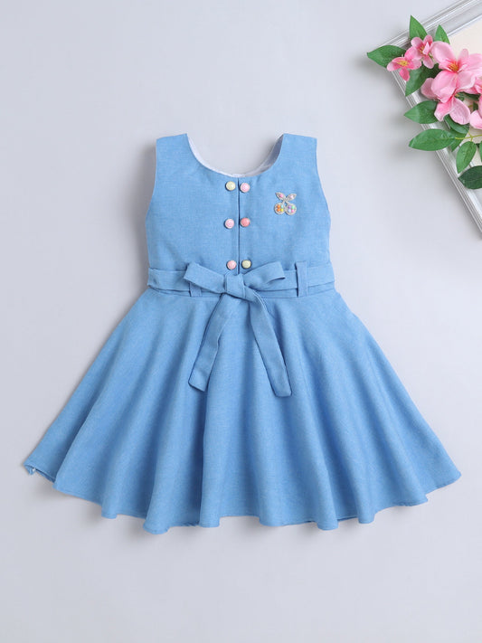 Cotton Sleeveless Cherry Embellished Dress - Blue