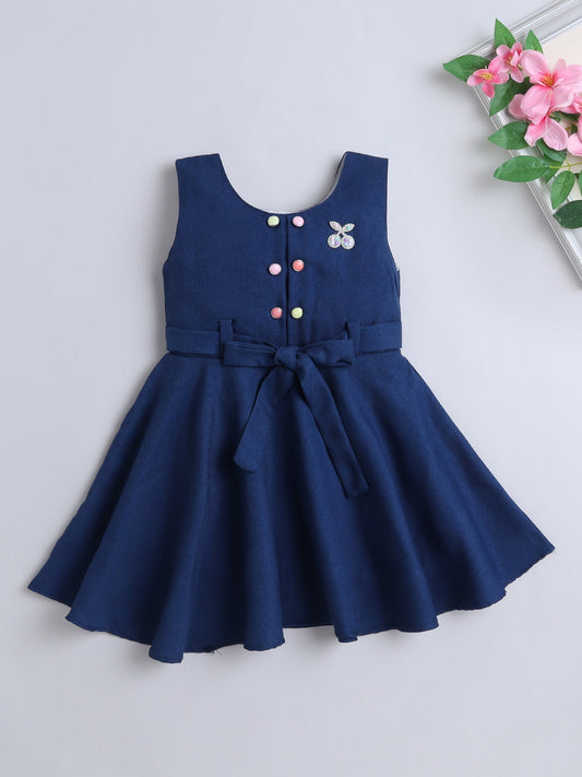 Cotton Sleeveless Cherry Embellished Dress - Navy Blue