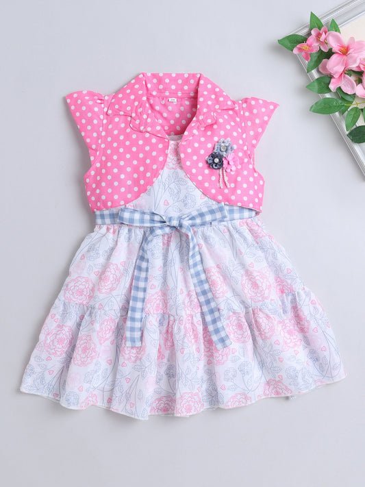 Floral Printed Dress With Half Sleeves Jacket - Pink