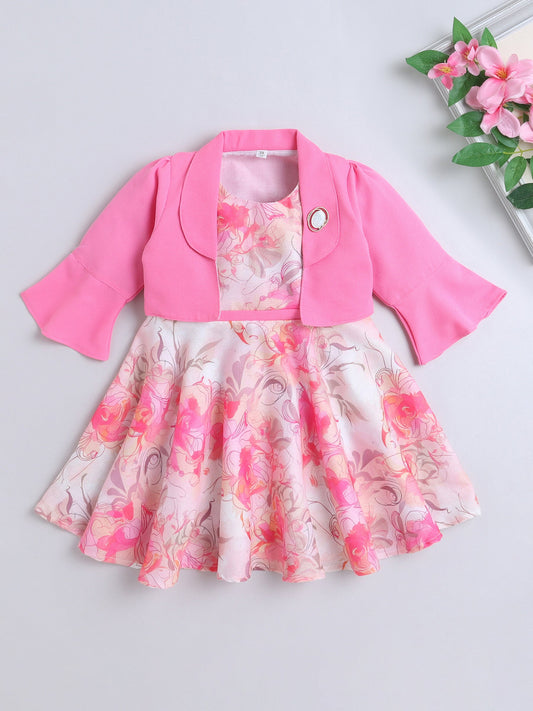 Floral Printed Dress With Three Fourth Bell Sleeves Jacket - Pink