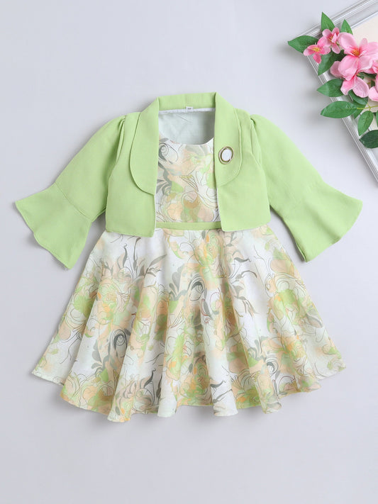 Floral Printed Dress With Three Fourth Bell Sleeves Jacket - Green