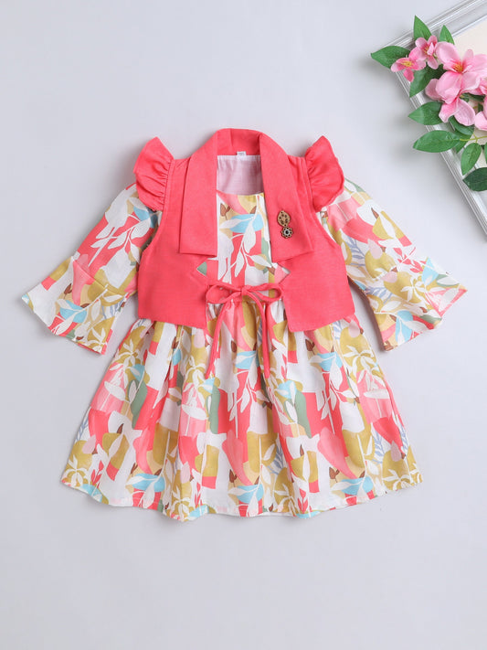 Full Bell Sleeves Leaves Printed Dress With Jacket - Coral