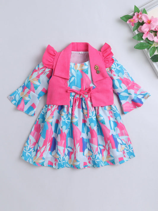 Full Bell Sleeves Leaves Printed Dress With Jacket - Fuchsia