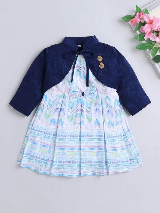 Geometric Printed Dress With Full Sleeves Floral Embroidered Jacket - Blue