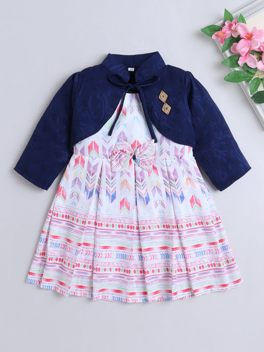 Geometric Printed Dress With Full Sleeves Floral Embroidered Jacket - Red