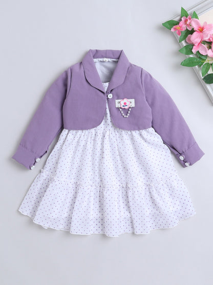Polka Dots Printed Dress With Full Sleeves Jacket - Purple
