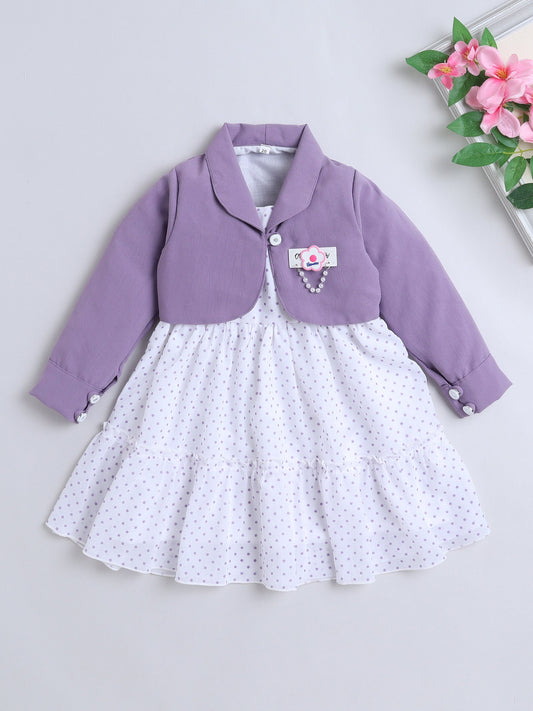 Polka Dots Printed Dress With Full Sleeves Jacket - Purple
