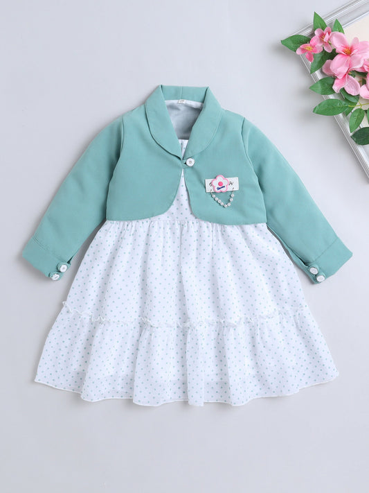 Polka Dots Printed Dress With Full Sleeves Jacket - Mint
