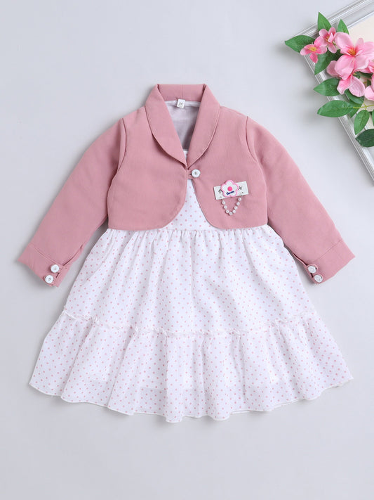 Polka Dots Printed Dress With Full Sleeves Jacket - Pink