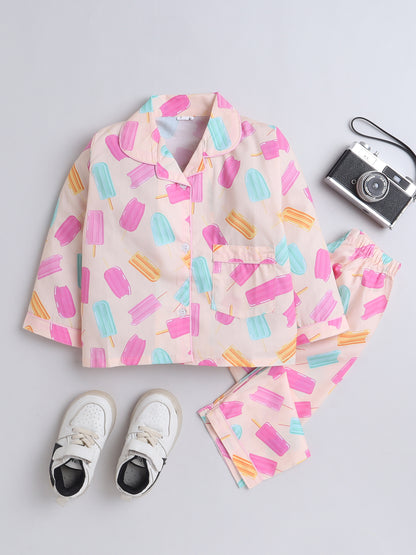 Full Sleeves Cotton Ice Cream Candy Printed Night Suit Set Peach
