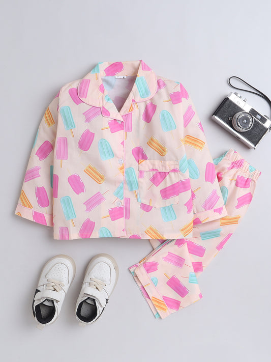 Full Sleeves Cotton Ice Cream Candy Printed Night Suit Set Peach