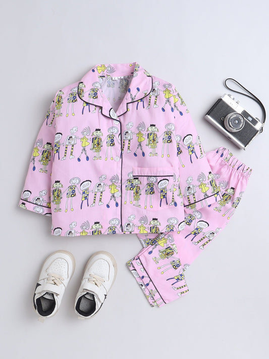 Cotton Woven Full Sleeves Humans Printed Coordinating Night Suit Set - Pink