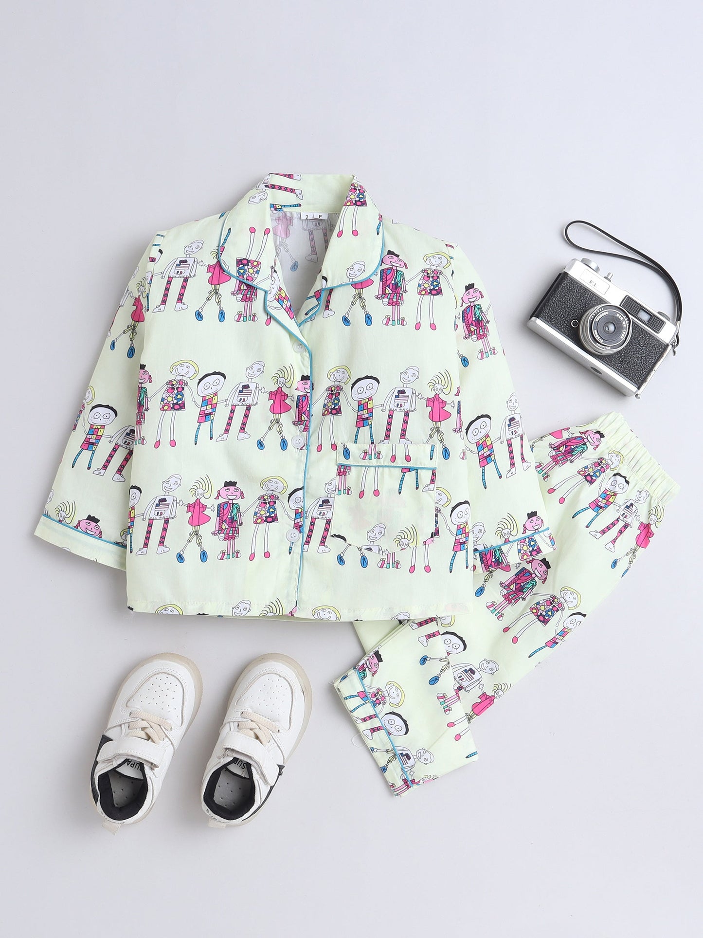 Cotton Woven Full Sleeves Humans Printed Coordinating Night Suit Set - Yellow