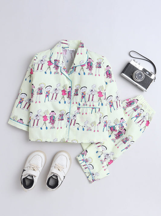 Cotton Woven Full Sleeves Humans Printed Coordinating Night Suit Set - Yellow