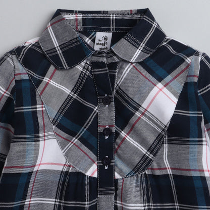 Full Sleeves Checked Shirt Style Dress - Grey