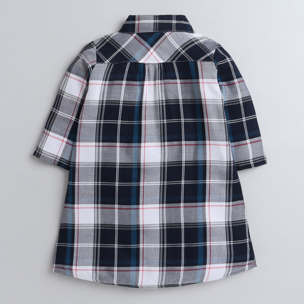 Full Sleeves Checked Shirt Style Dress - Grey