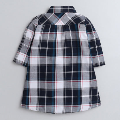 Full Sleeves Checked Shirt Style Dress - Grey