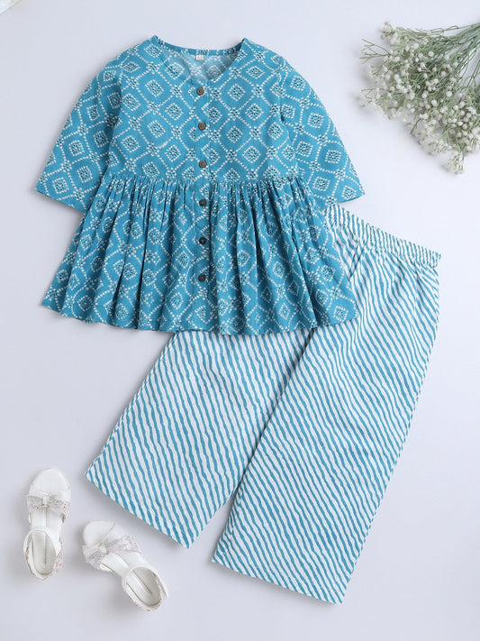 3/4th Sleeves Cotton Floral Printed Gathered Top & Pant Set Teal