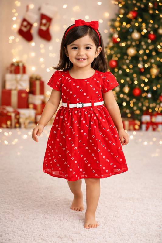 Xmas Square Dots Printed Cap Sleeves Dress With Contrast Belt For Girls-Red