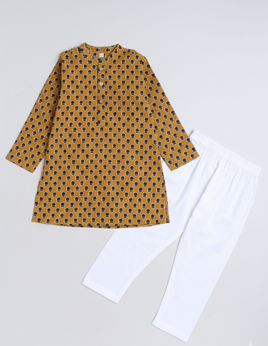 Floral Printed Mandarin Collar Full Sleeves Kurta and Pant Set -Mustard