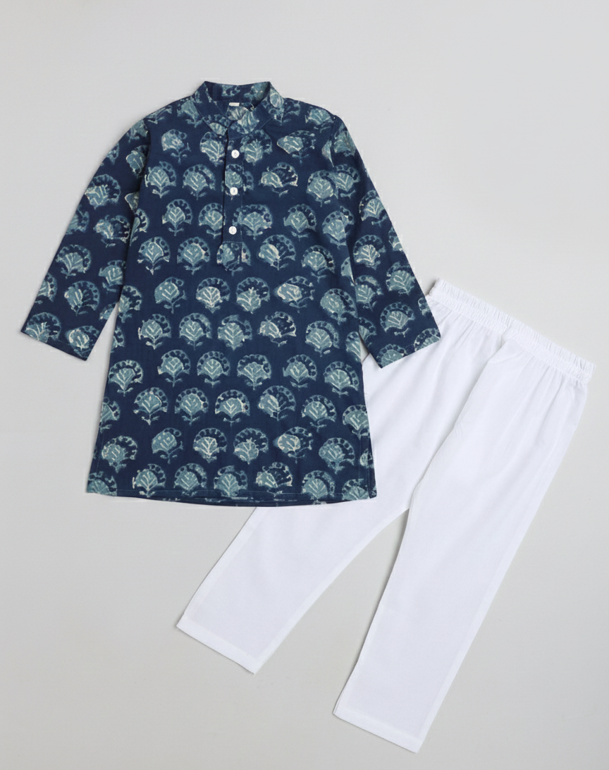 Bagru Printed Mandarin Collar Full Sleeves Kurta and Pyjama Set For Boys-Blue