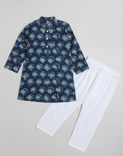 Bagru Printed Mandarin Collar Full Sleeves Kurta and Pyjama Set For Boys-Blue