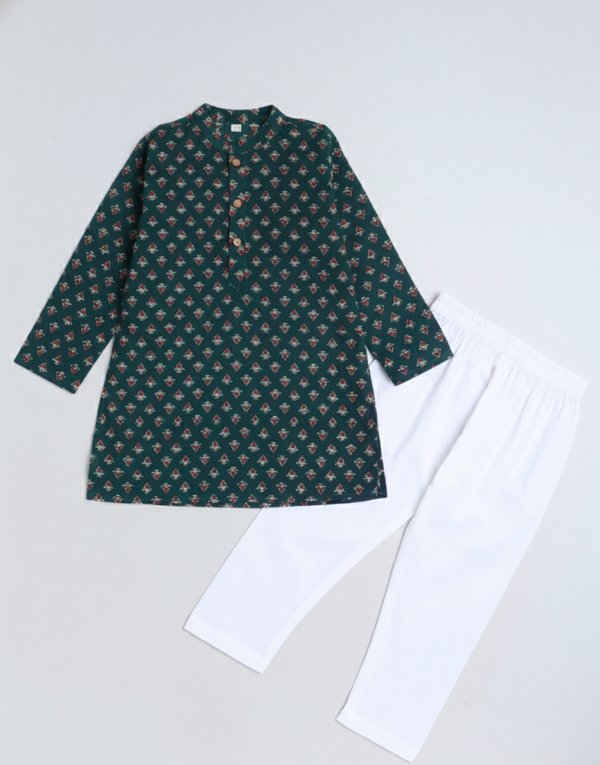 Floral Printed Mandarin Collar Full Sleeves Kurta and Pant Set -Navy Blue