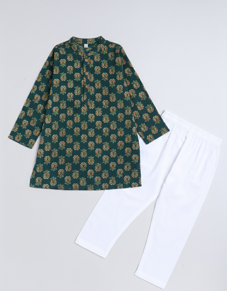 Floral Printed Mandarin Collar Full Sleeves Kurta and Pant Set -Teal
