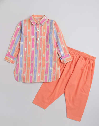 Stripes Printed Mandarin Collar Full Sleeves Pathani Kurta and Pant Set For Boys-Peach