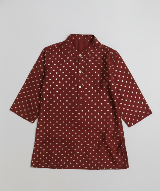All Over Polka Dots Printed Mandarin Collar Full Sleeves Lace Embelished Kurta -Maroon