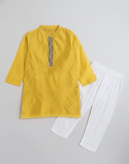 Mandarin Collar Full Sleeves Lace Embelished Kurta and Pant Set - Mustard